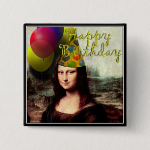 Mona Lisa Happy Birthday Party Hat 2 Inch Square Button