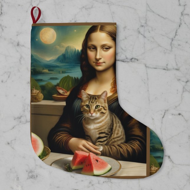 Mona Lisa &her cat  -  Summer vibes \ Large Christmas Stocking (Creator Uploaded)