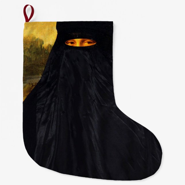 Mona Lisa Hidden Behind Burqa Large Christmas Stocking (Front)