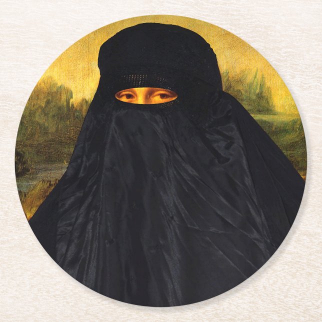 Mona Lisa Hidden Behind Burqa Round Paper Coaster (Front)