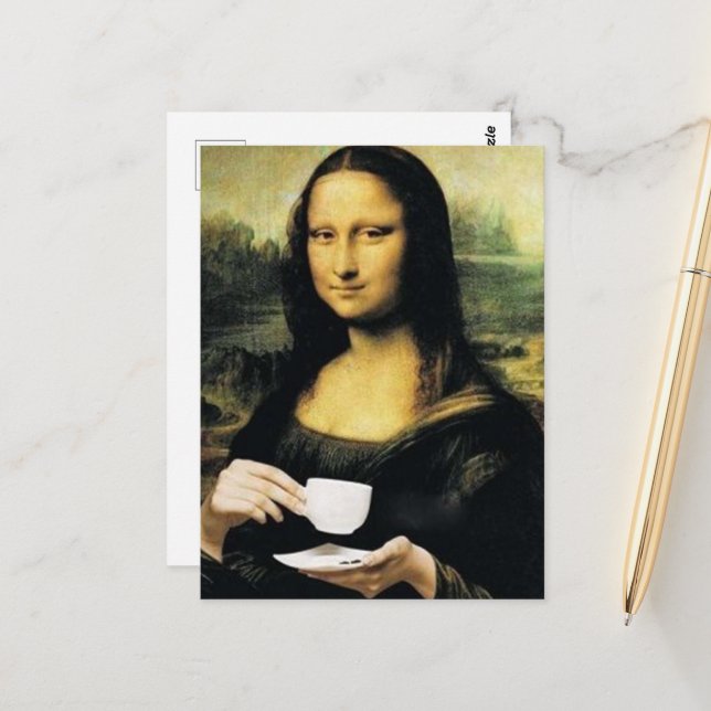 Mona Lisa holding a cup of tea Leonardo da Vinci  Postcard (Front/Back In Situ)