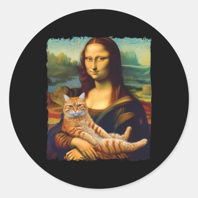 Mona Lisa Holding Cat Portrait Art Painting Kitty  Classic Round Sticker (Front)