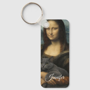 Mona Lisa Holding Elegant Gray Cat                 Keychain