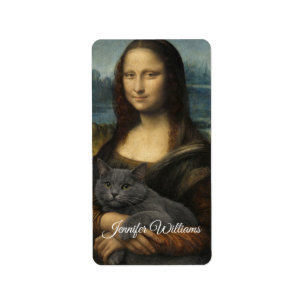 Mona Lisa Holding Elegant Gray Cat Label