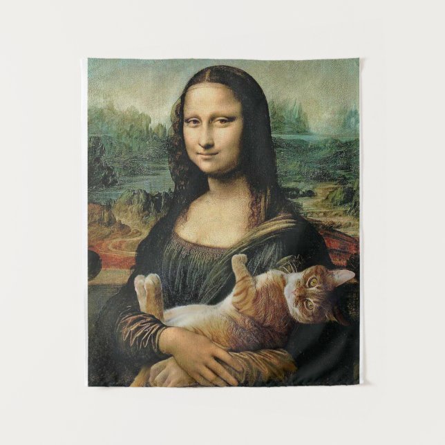 Mona Lisa holding her cat art Leonardo da Vinci Tapestry (Front)