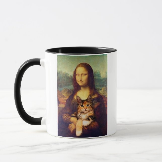 Mona Lisa holding her cat pet Leonardo da Vinci Mug (Left)