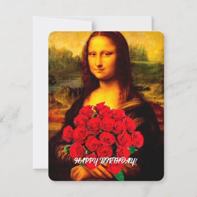 Mona Lisa holding red roses Happy birthday Holiday Card (Front)