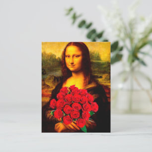 Mona Lisa holding red roses Leonardo Da Vinci Postcard