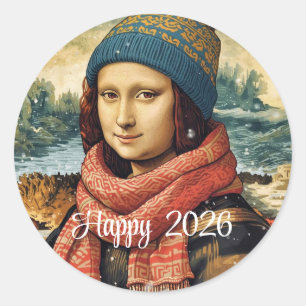 Mona Lisa  in beanie  - Happy 2026 Classic Round Sticker