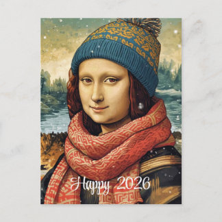 Mona Lisa  in beanie  - Happy 2026 Holiday Postcard