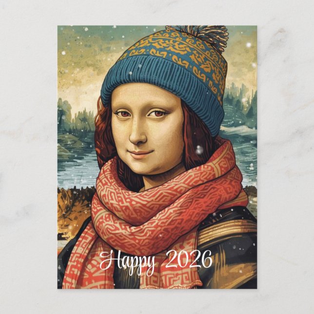 Mona Lisa  in beanie  - Happy 2026 Holiday Postcard (Front)