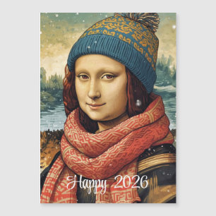 Mona Lisa in beanie - Happy 2026 magnetic card