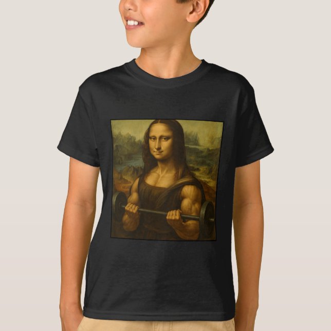 Mona Lisa Lifting Weights Strong Art Gains Bodybui T-Shirt (Front)