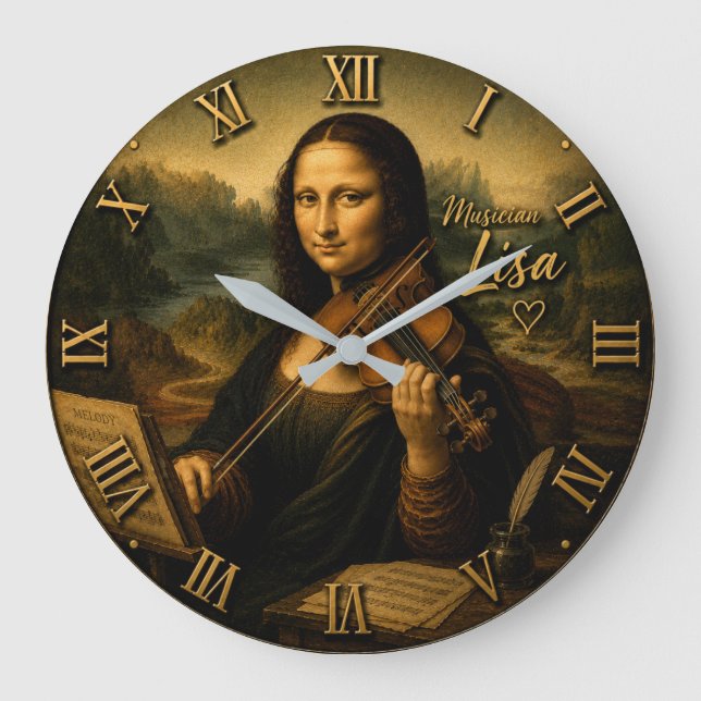 Mona Lisa Musician Funny Violin Player  Large Clock (Front)