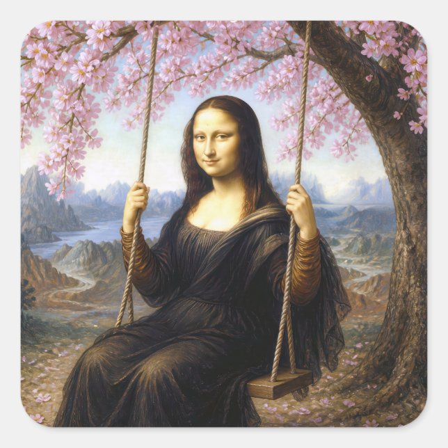 Mona Lisa on a Swing in Cherry Blossoms Square Sticker (Front)