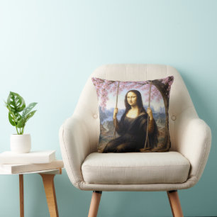 Mona Lisa on a Swing in Cherry Blossoms Throw Pillow