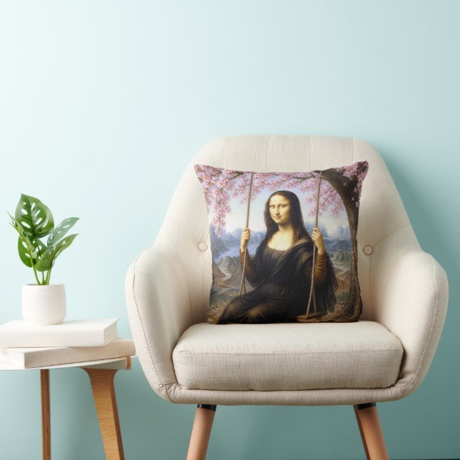 Mona Lisa on a Swing in Cherry Blossoms Throw Pillow (Chair)