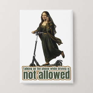 Mona Lisa on the phone riding a kick scooter