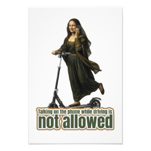 Mona Lisa on the phone riding a kick scooter Photo Print