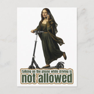 Mona Lisa on the phone riding a kick scooter Postcard