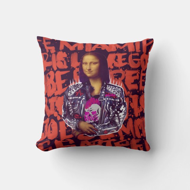 Mona Lisa Punk Art Throw Pillow (Front)