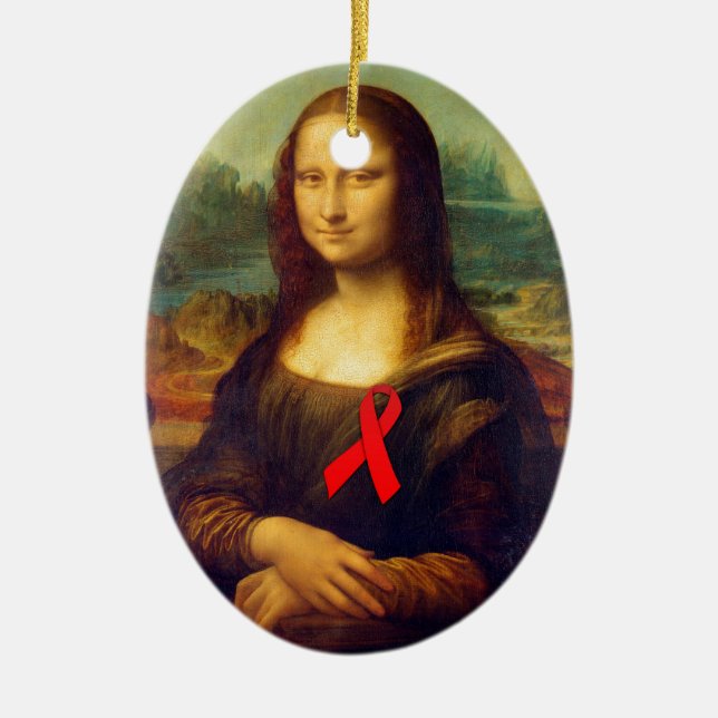 Mona Lisa Red Ribbon Ceramic Ornament (Front)