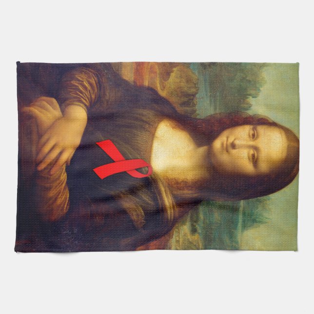 Mona Lisa Red Ribbon Kitchen Towel (Horizontal)