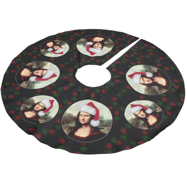 Mona Lisa Santa Hat Christmas Brushed Polyester Tree Skirt (Angled)