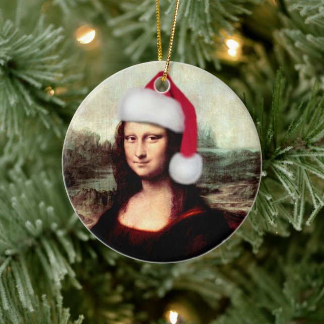 Mona Lisa Santa Hat Christmas Ceramic Ornament (Tree)