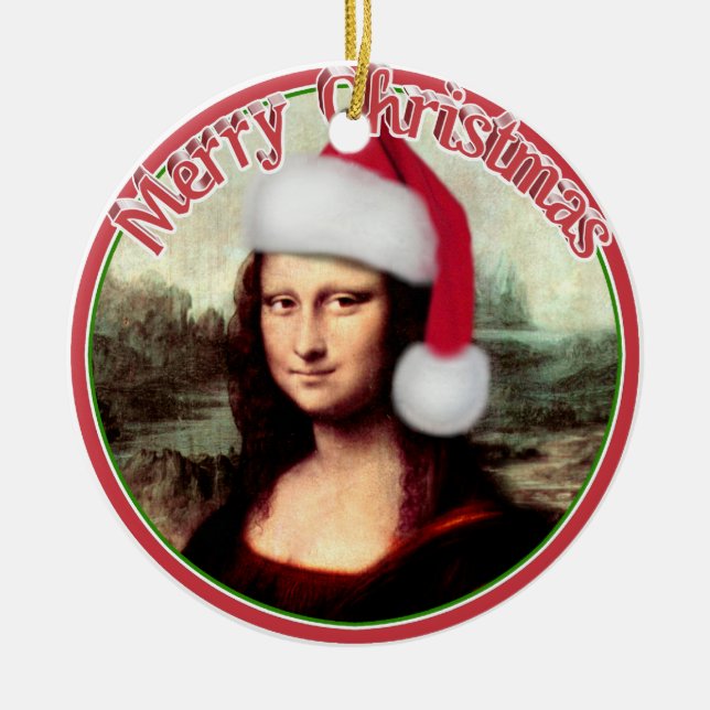 Mona Lisa Santa Hat Christmas Ceramic Ornament (Front)