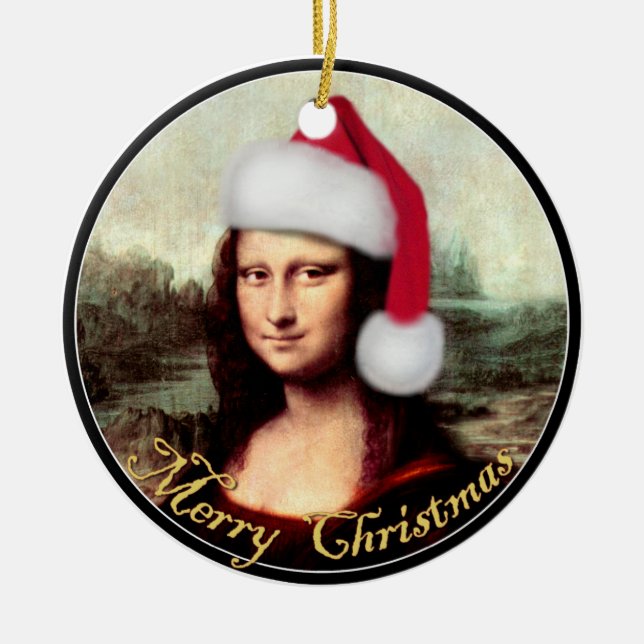 Mona Lisa Santa Hat Christmas Ceramic Ornament (Front)