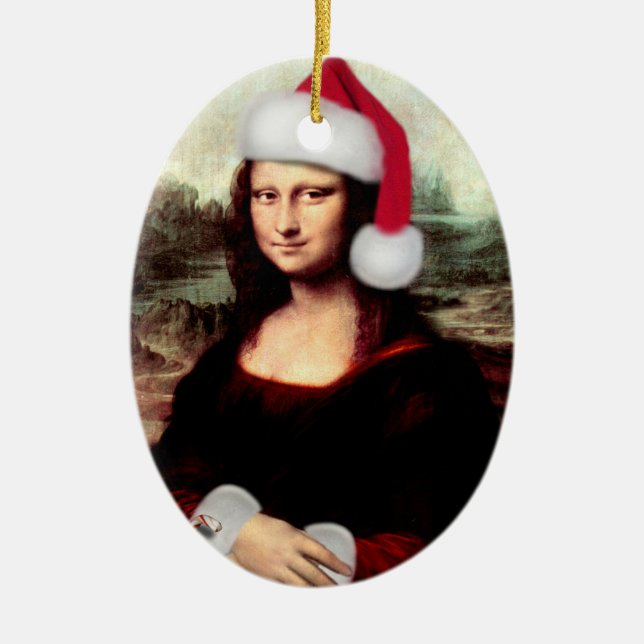 Mona Lisa Santa Hat Christmas Ceramic Ornament (Front)