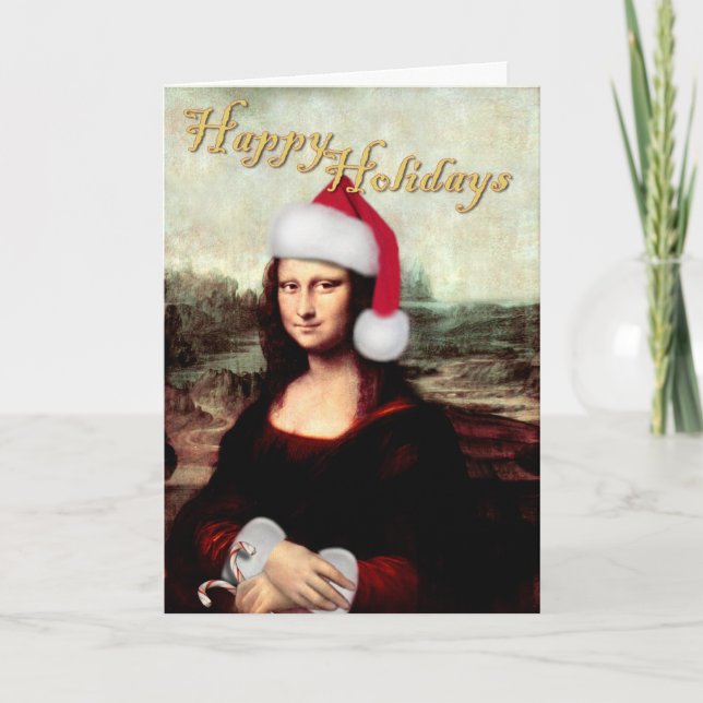 Mona Lisa Santa Hat Christmas Holiday Card (Front)