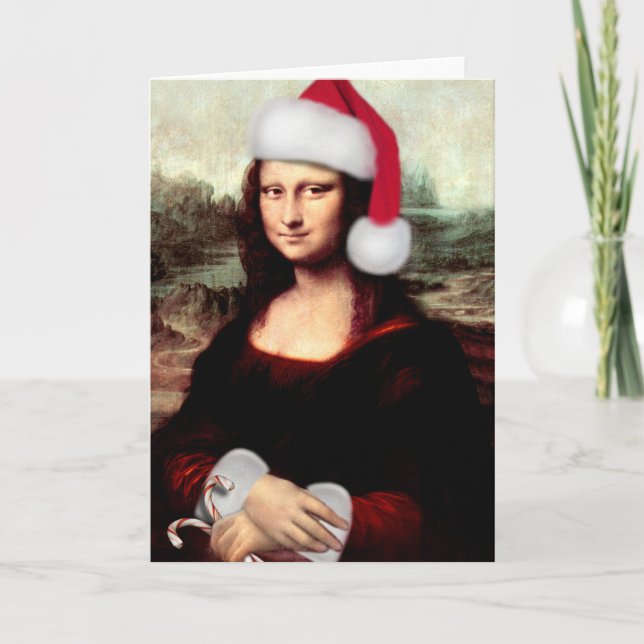 Mona Lisa Santa Hat Christmas Holiday Card (Front)