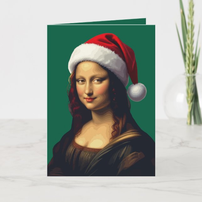 Mona Lisa Santa Hat Christmas Holiday Cut Out Card (Front)