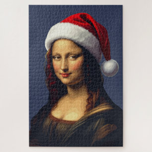 Mona Lisa Santa Hat Christmas Holiday Cut Out Jigsaw Puzzle