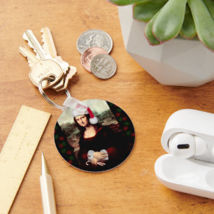 Mona Lisa Santa Hat Christmas Keychain