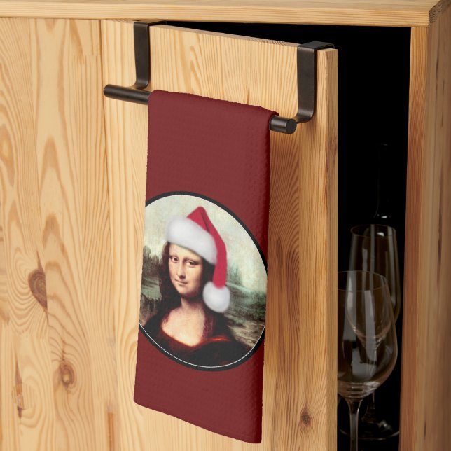 Mona Lisa Santa Hat Christmas Kitchen Towel (Thirds Fold)