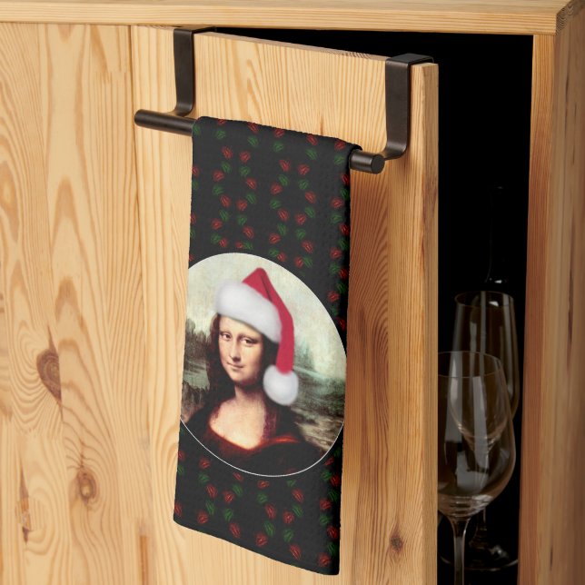 Mona Lisa Santa Hat Christmas Kitchen Towel (Thirds Fold)