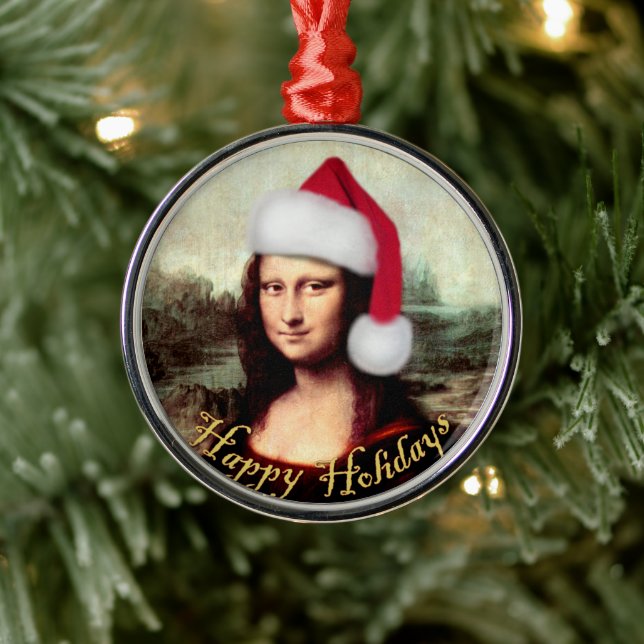 Mona Lisa Santa Hat Christmas Metal Ornament (Tree)