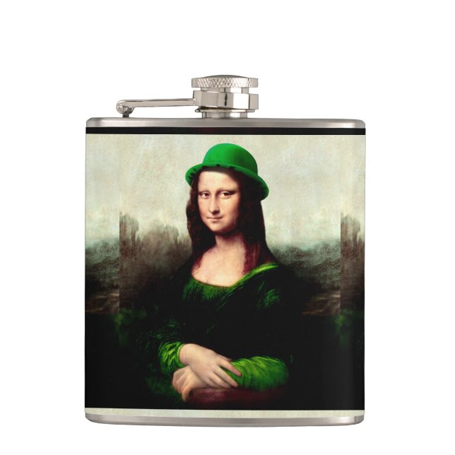 Mona Lisa St. Patrick's Day Clover Hip Flask (Front)