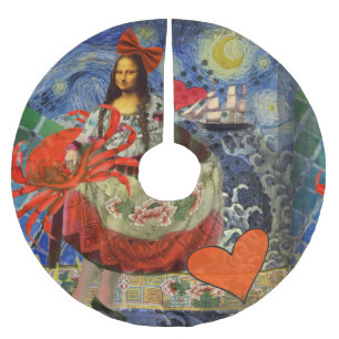 Mona Lisa Starry Night Collage: Whimsical Surreal Brushed Polyester Tree Skirt