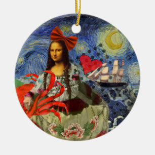 Mona Lisa Starry Night Collage: Whimsical Surreal Ceramic Ornament