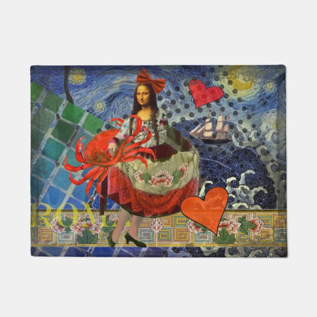 Mona Lisa Starry Night Collage: Whimsical Surreal  Doormat (Front)