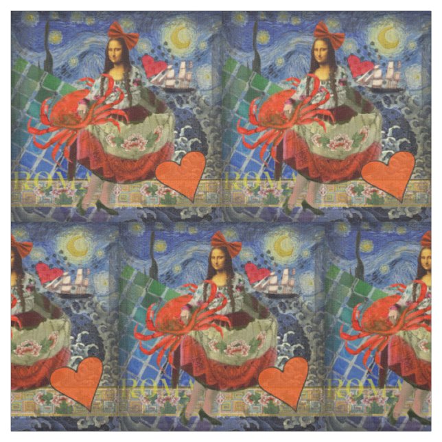 Mona Lisa Starry Night Collage: Whimsical Surreal  Fabric (Swatch)