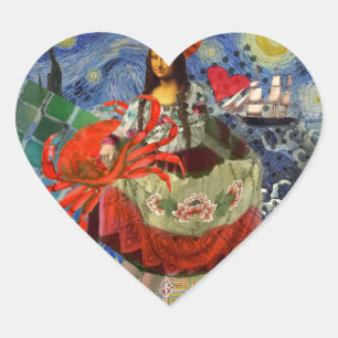 Mona Lisa Starry Night Collage: Whimsical Surreal Heart Sticker