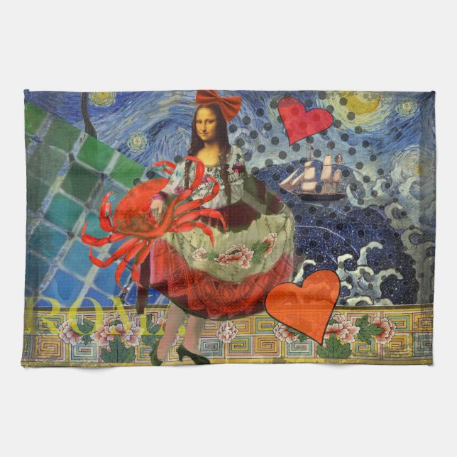 Mona Lisa Starry Night Collage: Whimsical Surreal  Kitchen Towel (Horizontal)