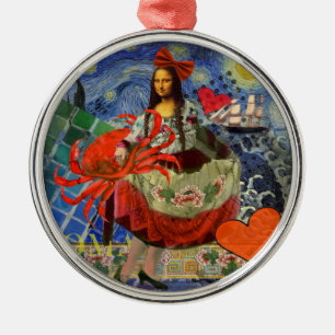 Mona Lisa Starry Night Collage: Whimsical Surreal Metal Ornament