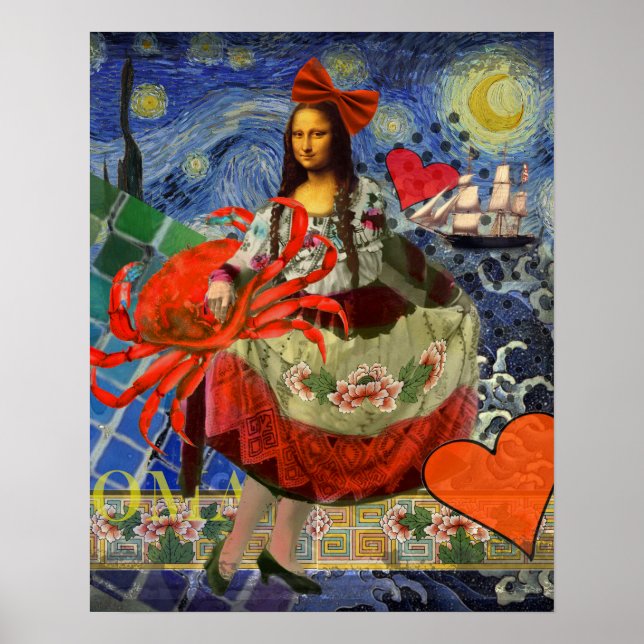 Mona Lisa Starry Night Collage: Whimsical Surreal  Poster (Front)