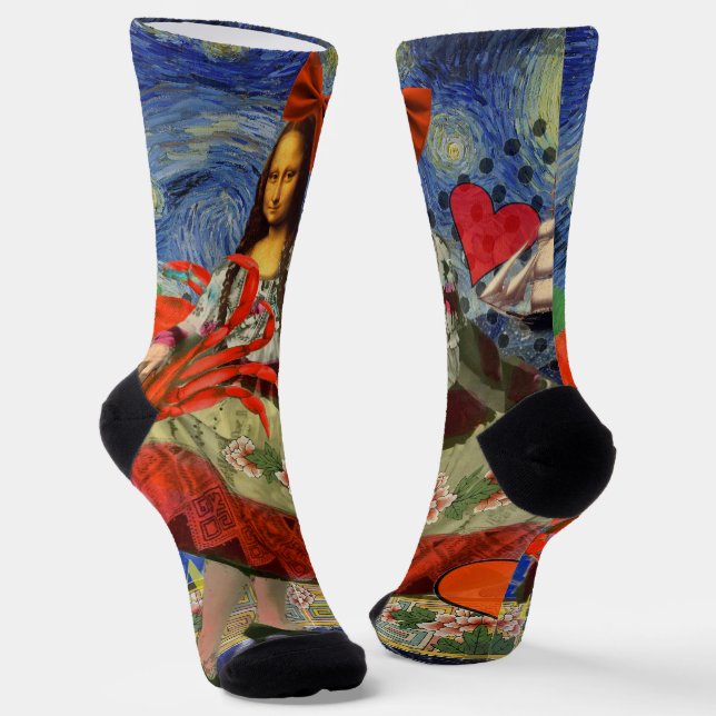 Mona Lisa Starry Night Collage: Whimsical Surreal  Socks (Angled)